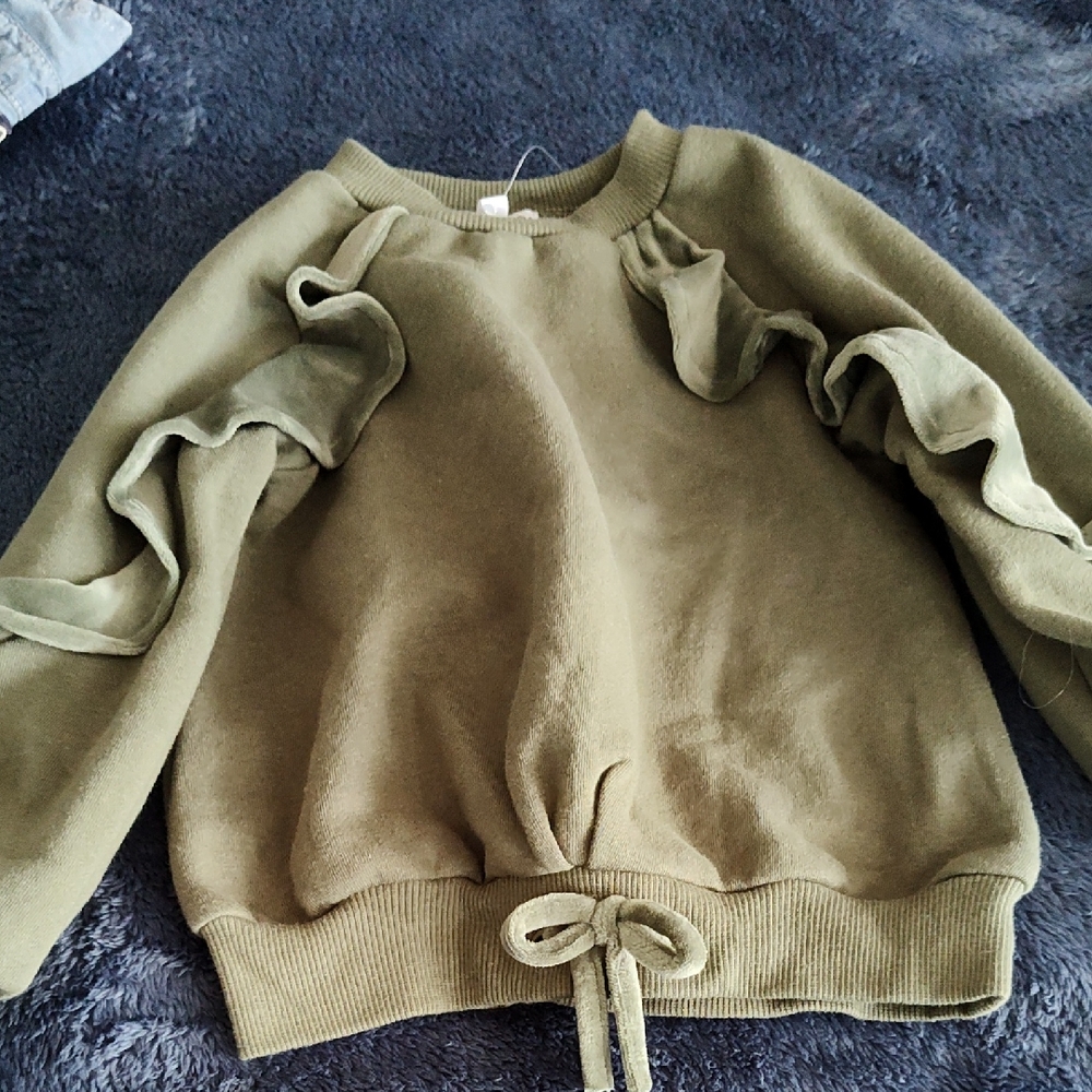 Blueberi Boulevard Olive Ruffle-Trim Pullover Sweatshirt